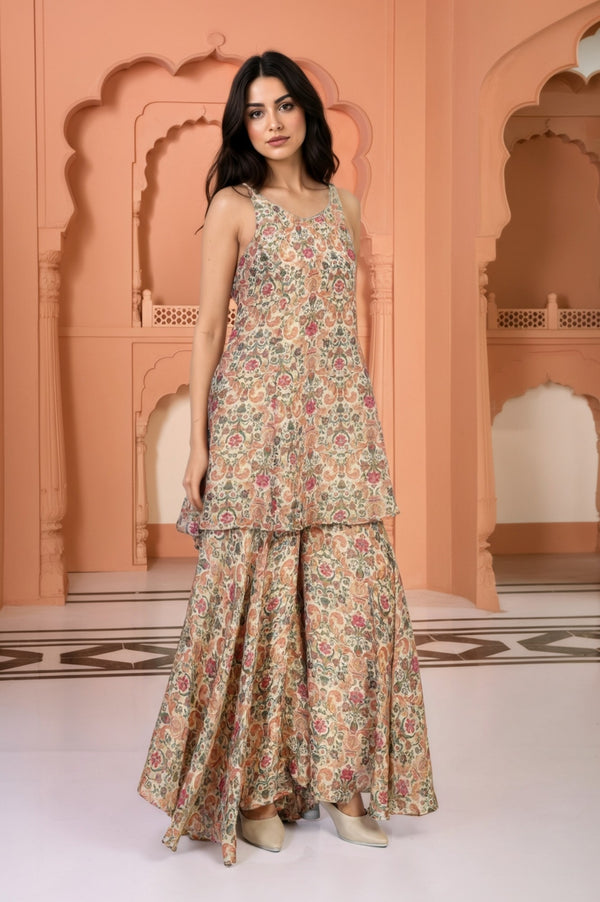 White Floral Print Tape Flared Tissue Kurta with Sharara and Dupatta Set