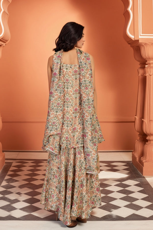 White Floral Print Tape Flared Tissue Kurta with Sharara and Dupatta Set