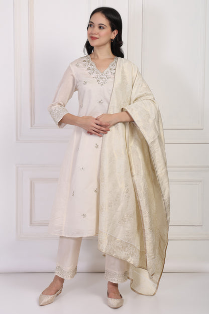 Off-White Embroidered A-Line Kurta with Straight Pant and Dupatta Set