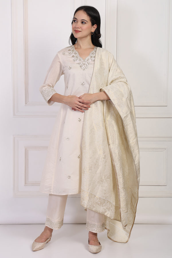 Off-White Embroidered A-Line Kurta with Straight Pant and Dupatta Set