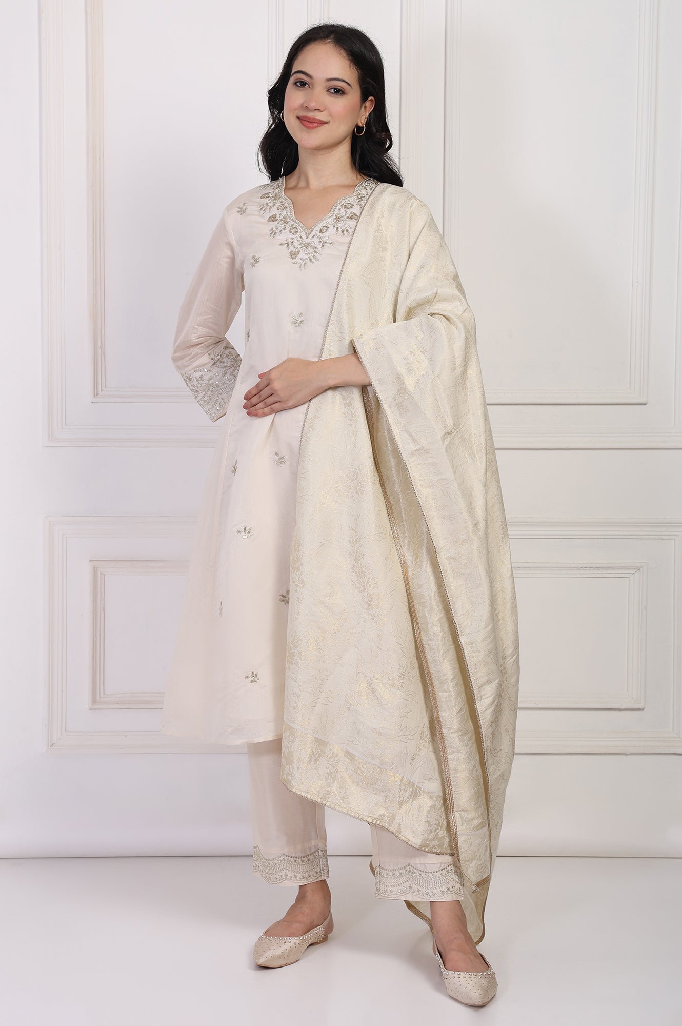 Off-White Embroidered A-Line Kurta with Straight Pant and Dupatta Set