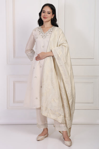 Off-White Embroidered A-Line Kurta with Straight Pant and Dupatta Set