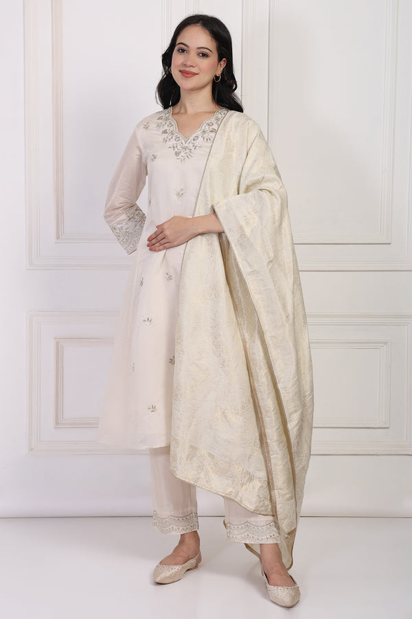Off-White Embroidered A-Line Kurta with Straight Pant and Dupatta Set