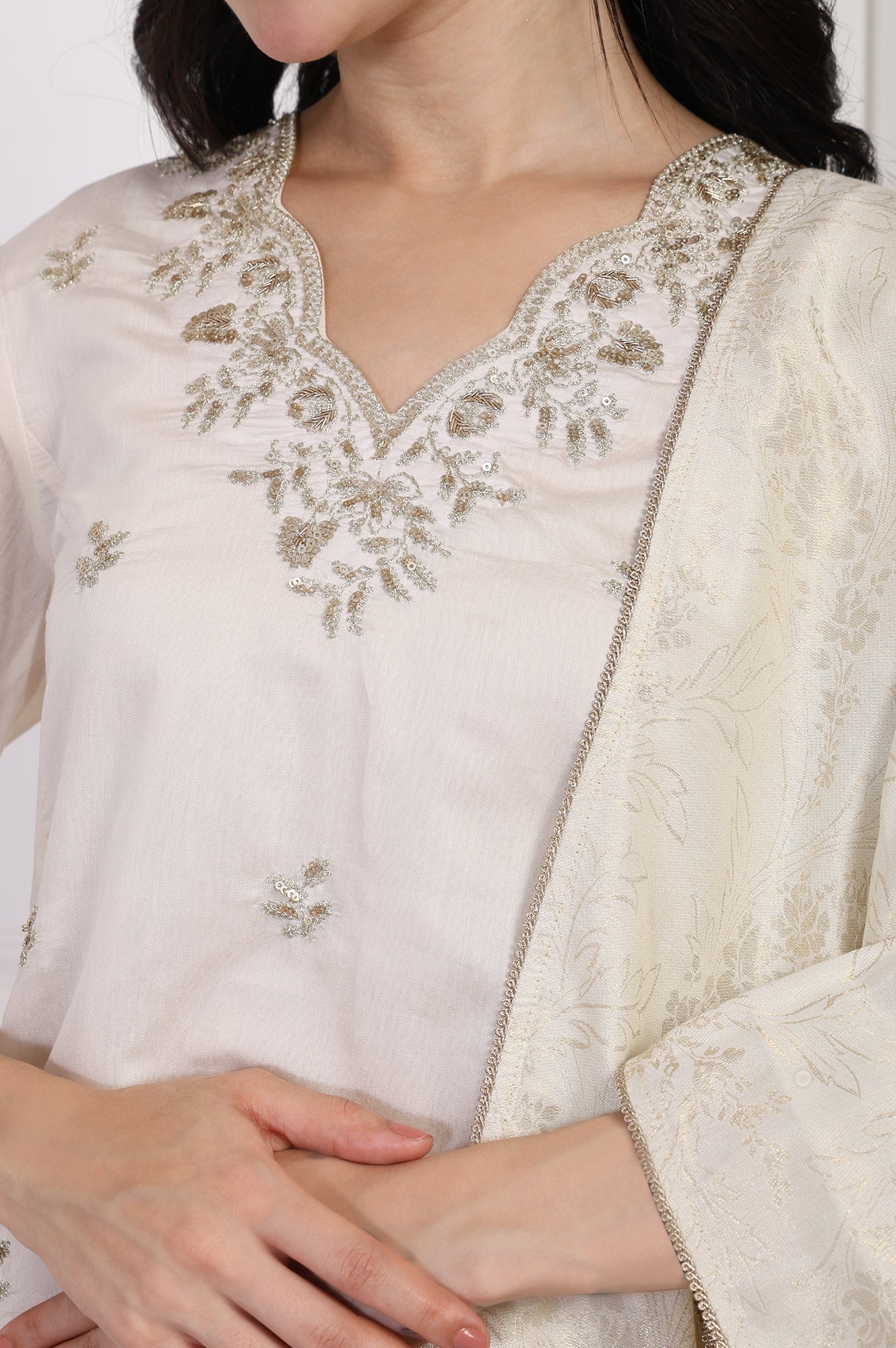 Off-White Embroidered A-Line Kurta with Straight Pant and Dupatta Set