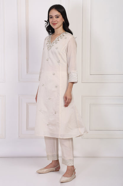 Off-White Embroidered A-Line Kurta with Straight Pant and Dupatta Set