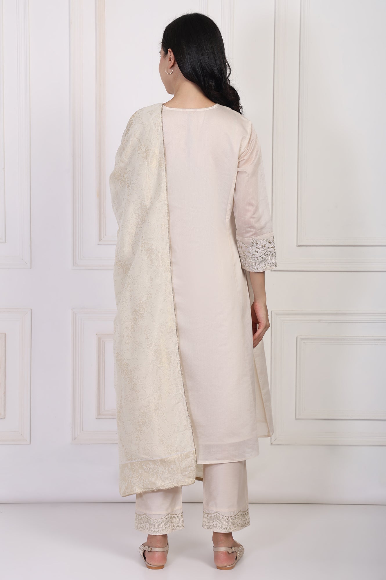 Off-White Embroidered A-Line Kurta with Straight Pant and Dupatta Set