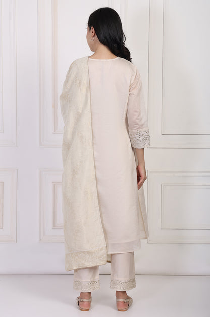 Off-White Embroidered A-Line Kurta with Straight Pant and Dupatta Set