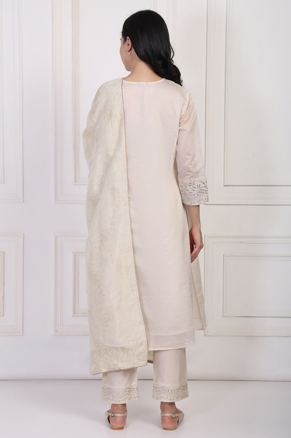 Off-White Embroidered A-Line Kurta with Straight Pant and Dupatta Set