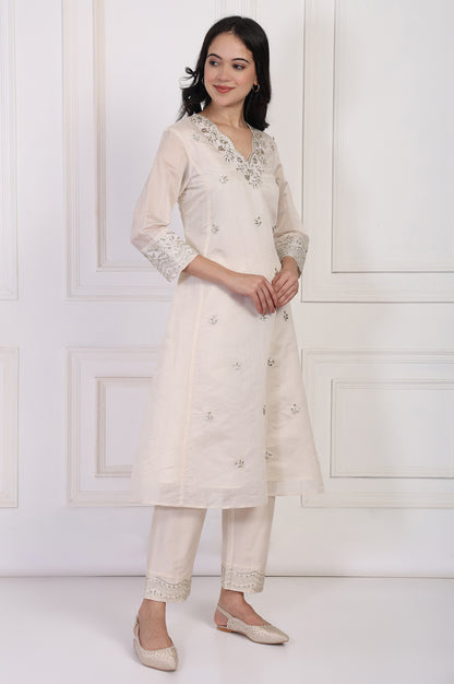 Off-White Embroidered A-Line Kurta with Straight Pant and Dupatta Set
