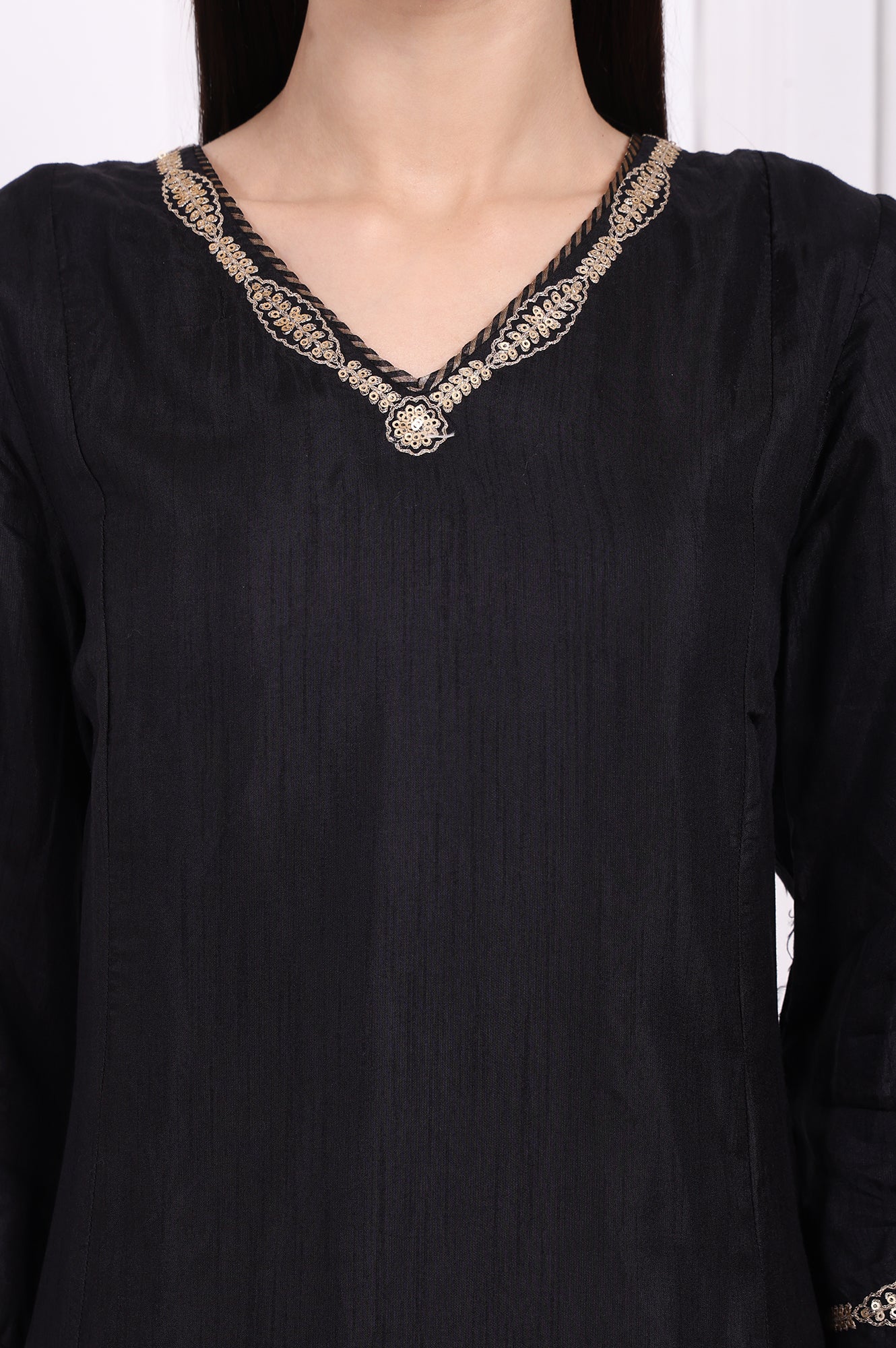 Black Embroidered Straight Kurta with Straight Pant and Dupatta Set