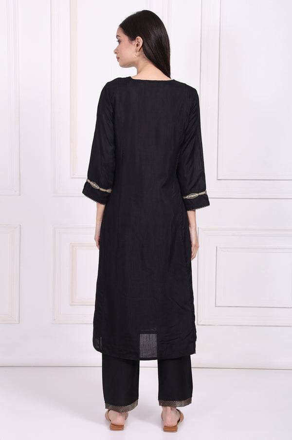 Black Embroidered Straight Kurta with Straight Pant and Dupatta Set