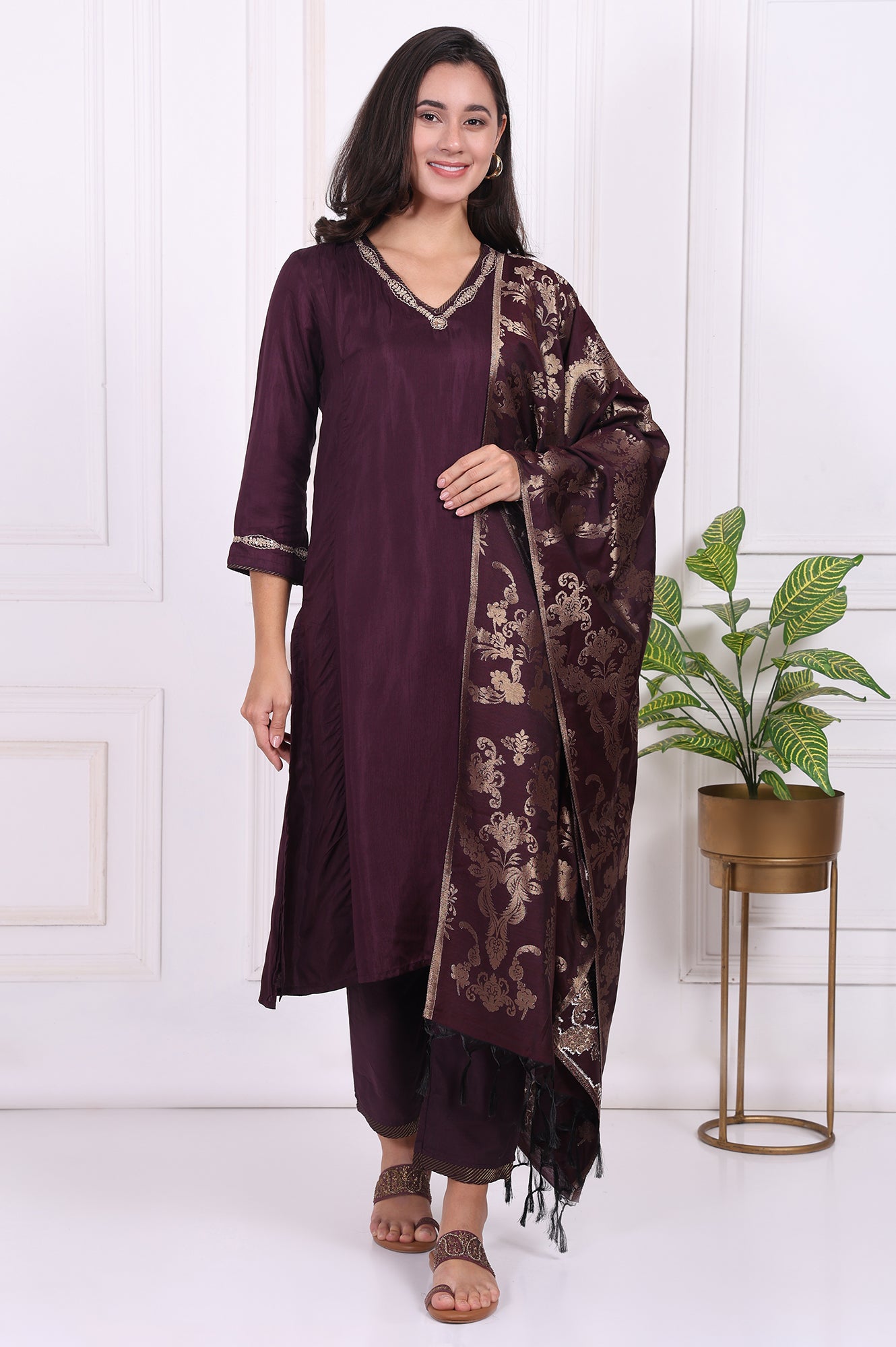 Maroon Embroidered Silk Straight Kurta, Pants and Dupatta Set