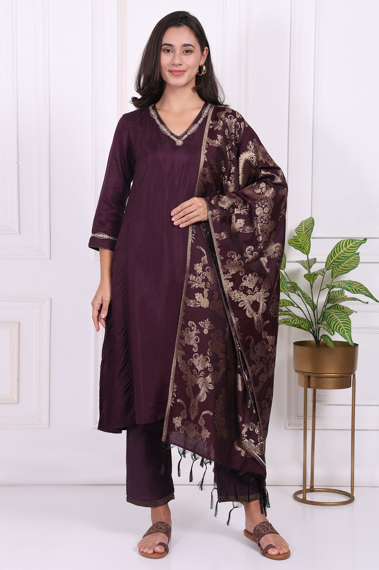Maroon Embroidered Silk Straight Kurta, Pants and Dupatta Set