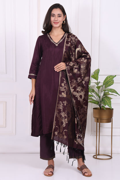 Maroon Embroidered Silk Straight Kurta, Pants and Dupatta Set