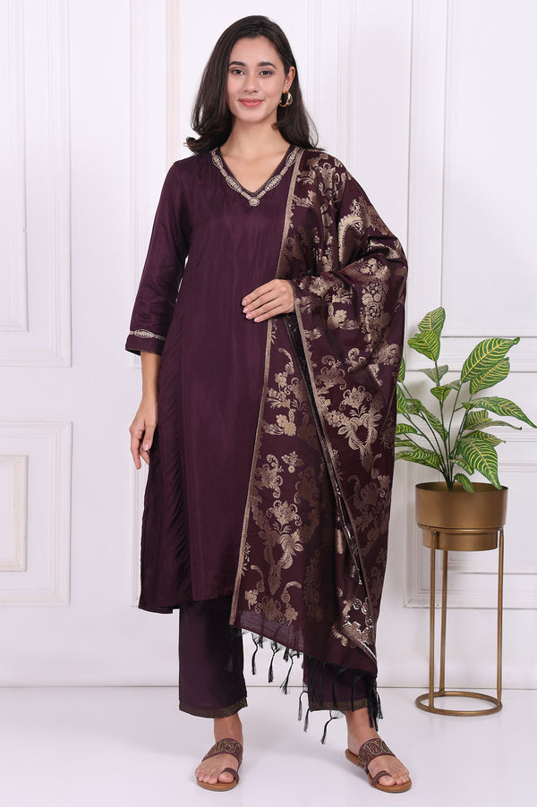 Maroon Embroidered Silk Straight Kurta, Pants and Dupatta Set