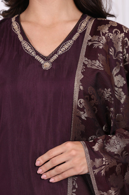 Maroon Embroidered Silk Straight Kurta, Pants and Dupatta Set