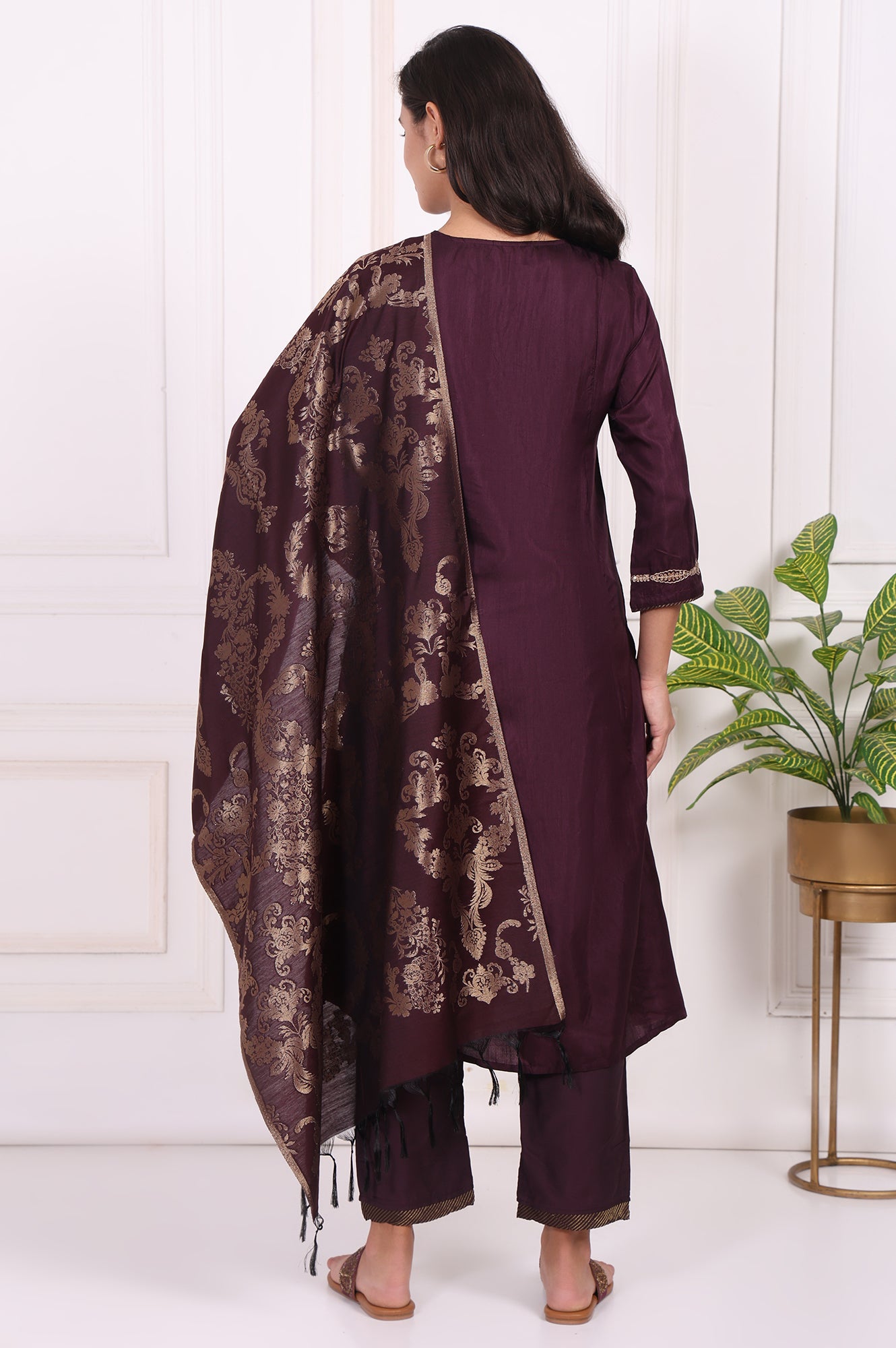 Maroon Embroidered Silk Straight Kurta, Pants and Dupatta Set