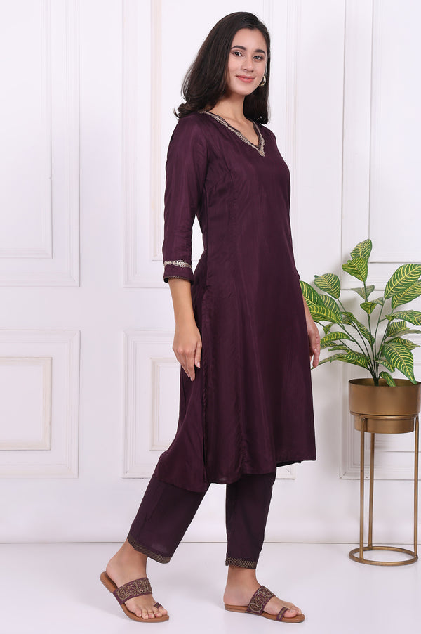 Maroon Embroidered Silk Straight Kurta, Pants and Dupatta Set
