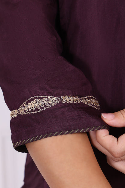 Maroon Embroidered Silk Straight Kurta, Pants and Dupatta Set