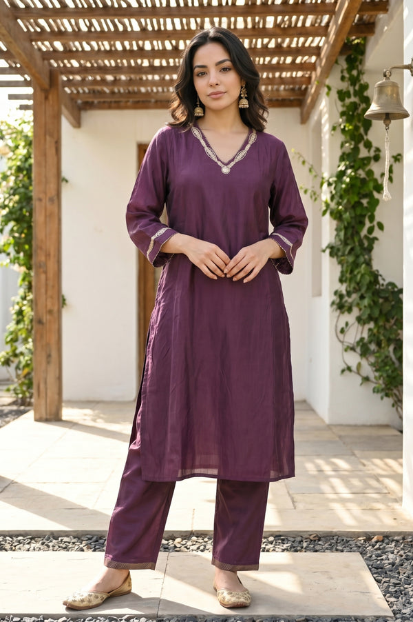 Purple Thread Embroidered Straight Kurta with Straight Pants Set