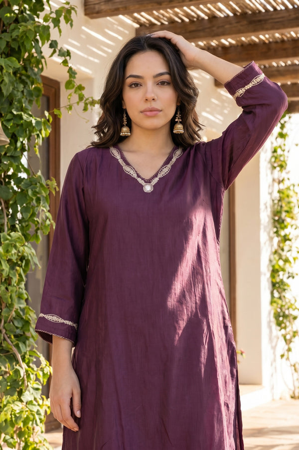 Purple Thread Embroidered Straight Kurta with Straight Pants Set