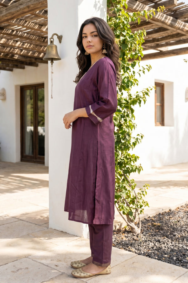 Purple Thread Embroidered Straight Kurta with Straight Pants Set