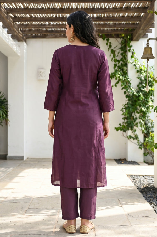 Purple Thread Embroidered Straight Kurta with Straight Pants Set