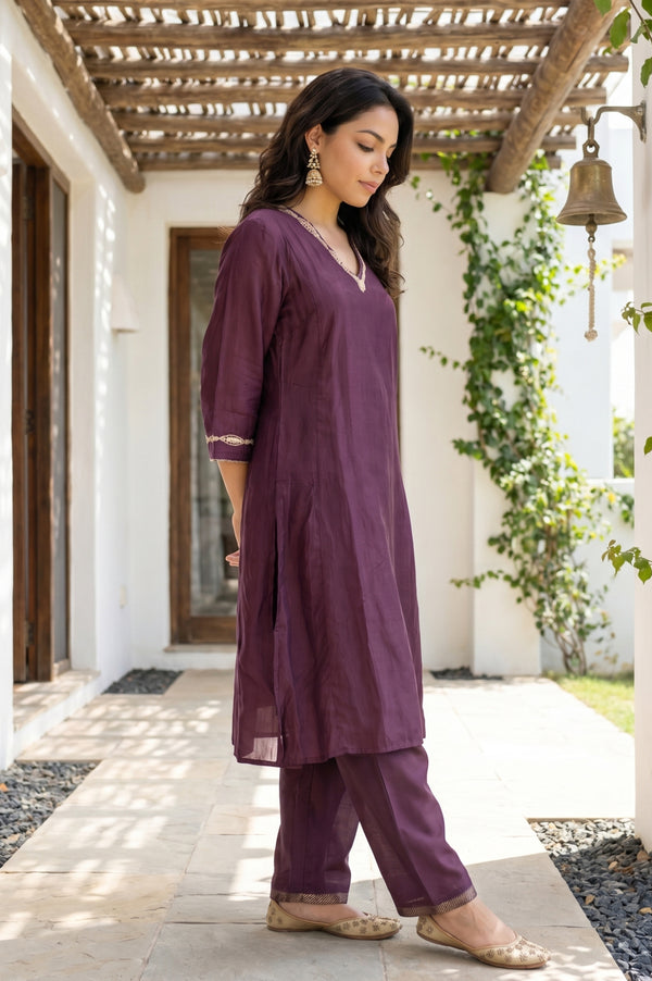 Purple Thread Embroidered Straight Kurta with Straight Pants Set