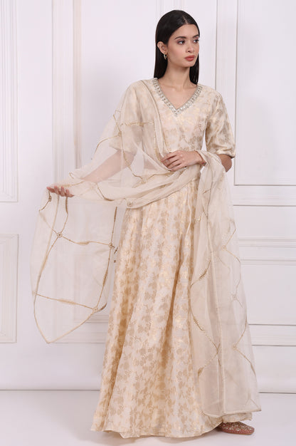 Cream Embellished Maxi Jacquard Blouse with Skirt and Dupatta Set
