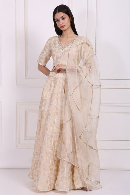 Cream Embellished Maxi Jacquard Blouse with Skirt and Dupatta Set