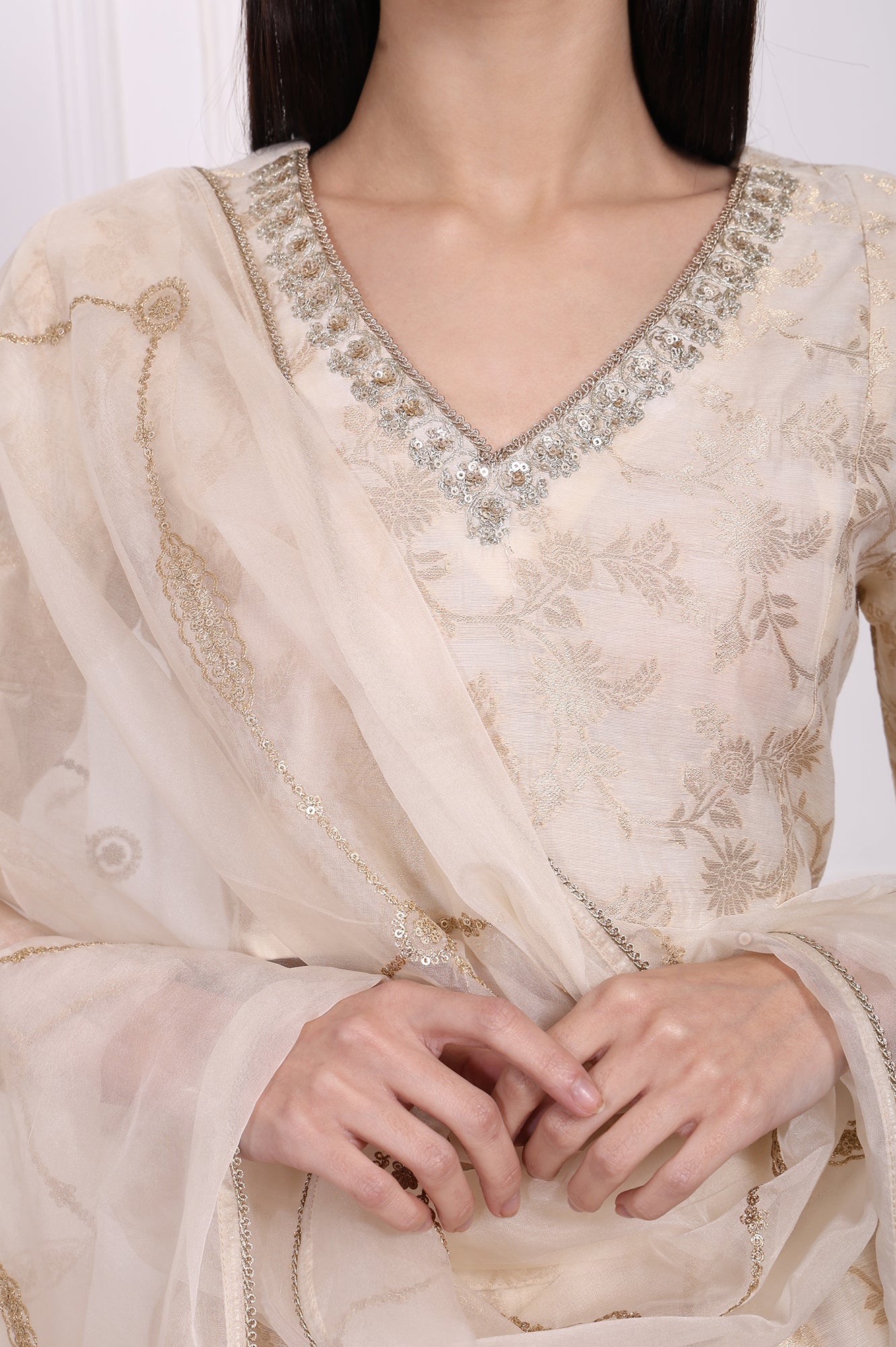 Cream Embellished Maxi Jacquard Blouse with Skirt and Dupatta Set