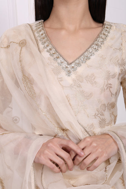 Cream Embellished Maxi Jacquard Blouse with Skirt and Dupatta Set