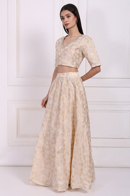 Cream Embellished Maxi Jacquard Blouse with Skirt and Dupatta Set