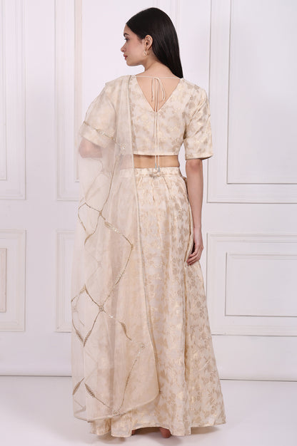 Cream Embellished Maxi Jacquard Blouse with Skirt and Dupatta Set