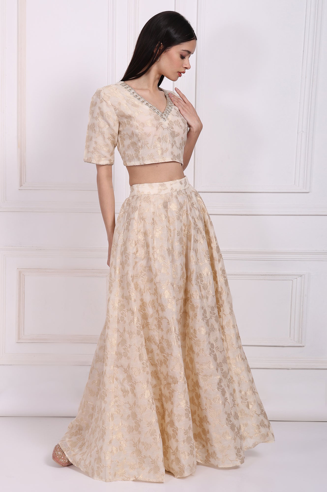 Cream Embellished Maxi Jacquard Blouse with Skirt and Dupatta Set
