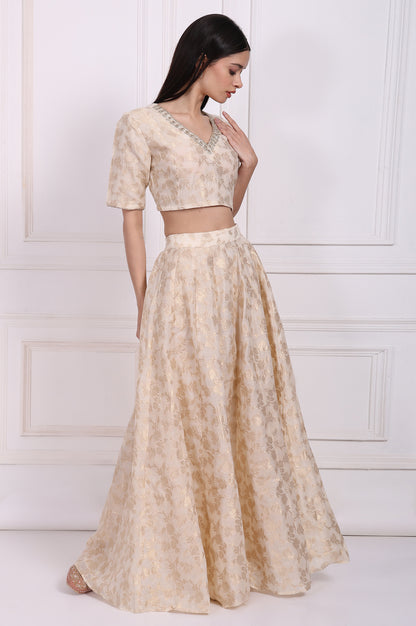 Cream Embellished Maxi Jacquard Blouse with Skirt and Dupatta Set