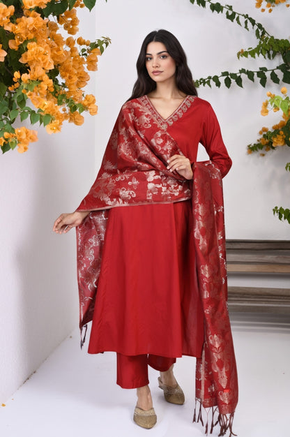 Red Floral Print Metallic Embroidered Flared Woven Kurta with Straight Pant and Dupatta Set