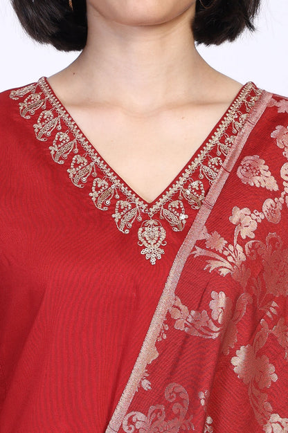 Red Floral Print Metallic Embroidered Flared Woven Kurta with Straight Pant and Dupatta Set