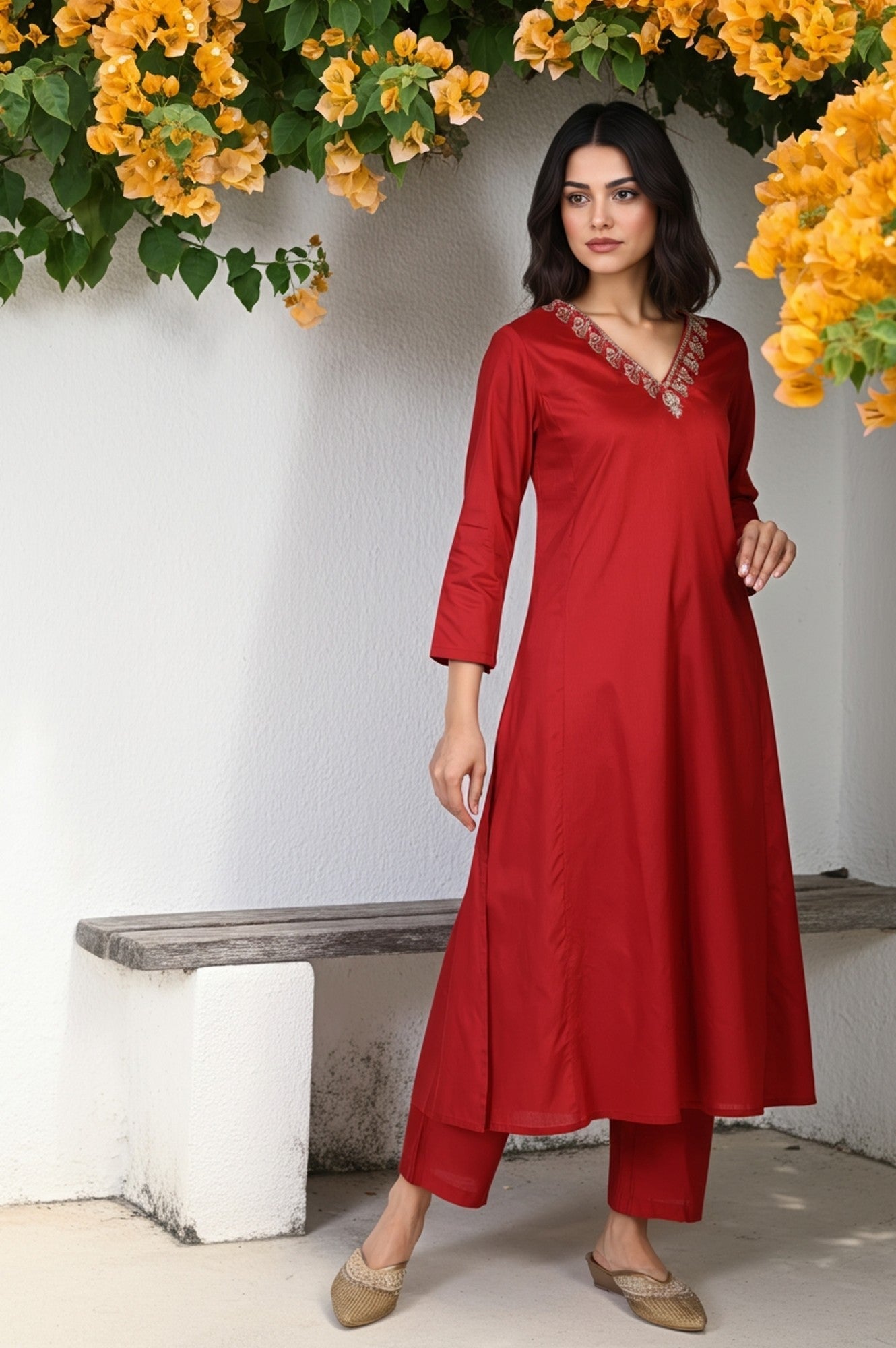 Red Floral Print Metallic Embroidered Flared Woven Kurta with Straight Pant and Dupatta Set