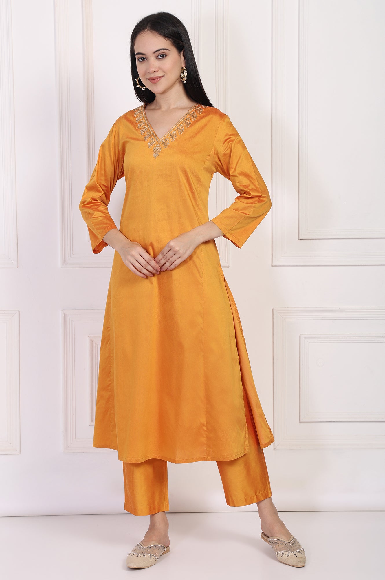 Orange Embroidered Flared Satin Kurta with Straight Pant Set