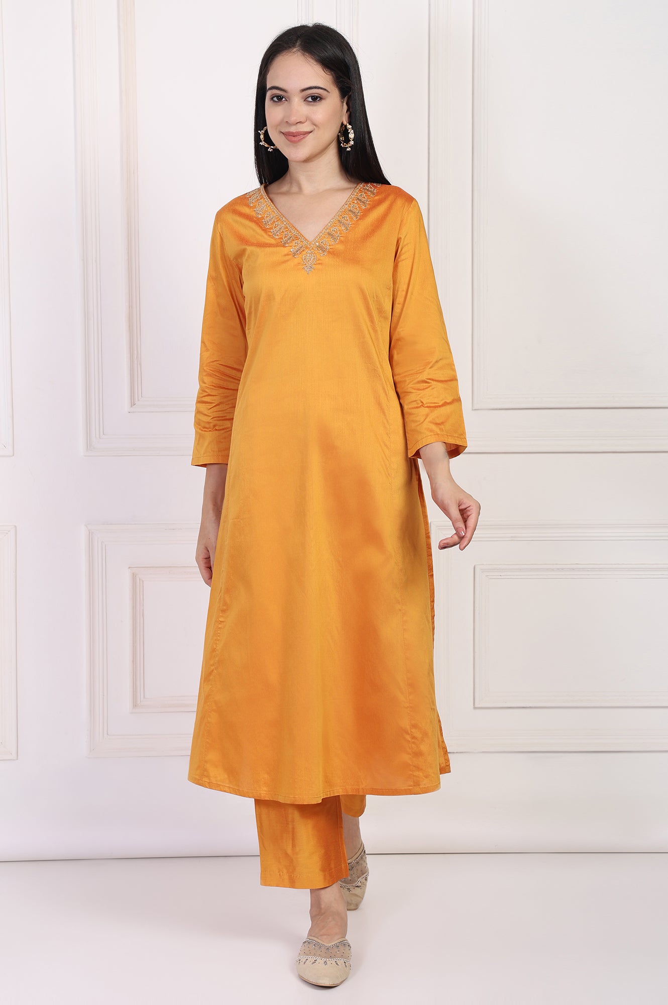 Orange Embroidered Flared Satin Kurta with Straight Pant Set