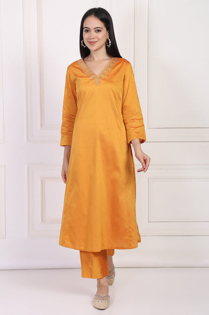 Orange Embroidered Flared Satin Kurta with Straight Pant Set