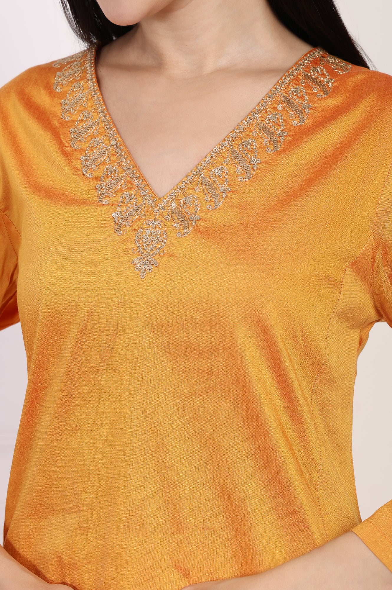 Orange Embroidered Flared Satin Kurta with Straight Pant Set