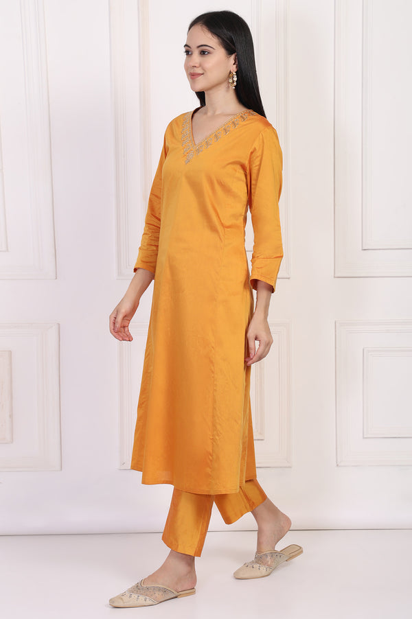 Orange Embroidered Flared Satin Kurta with Straight Pant Set