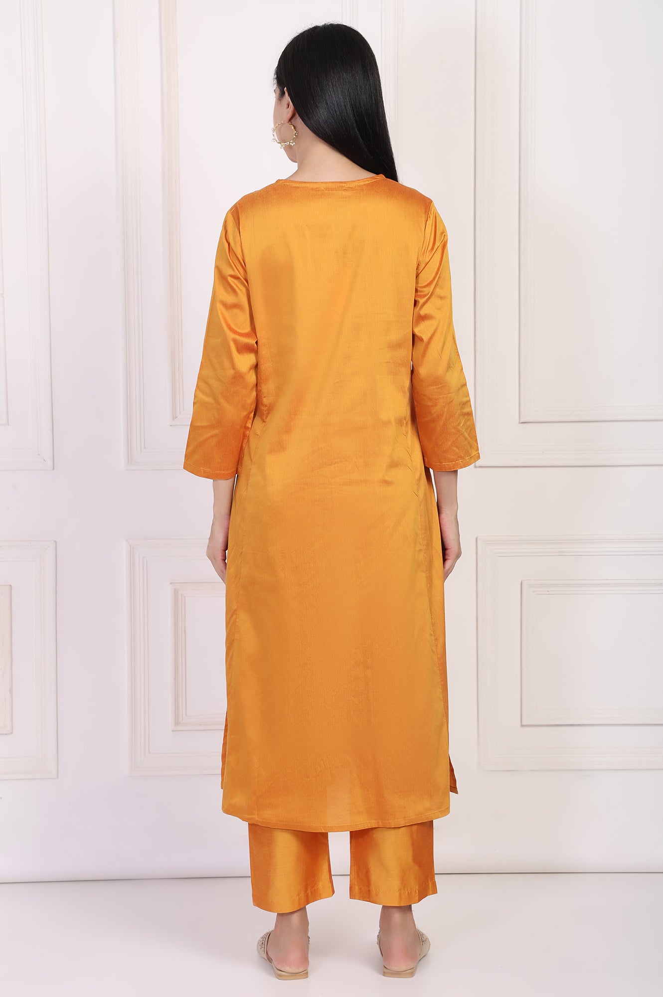 Orange Embroidered Flared Satin Kurta with Straight Pant Set
