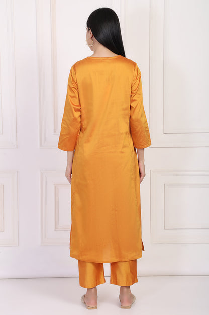 Orange Embroidered Flared Satin Kurta with Straight Pant Set
