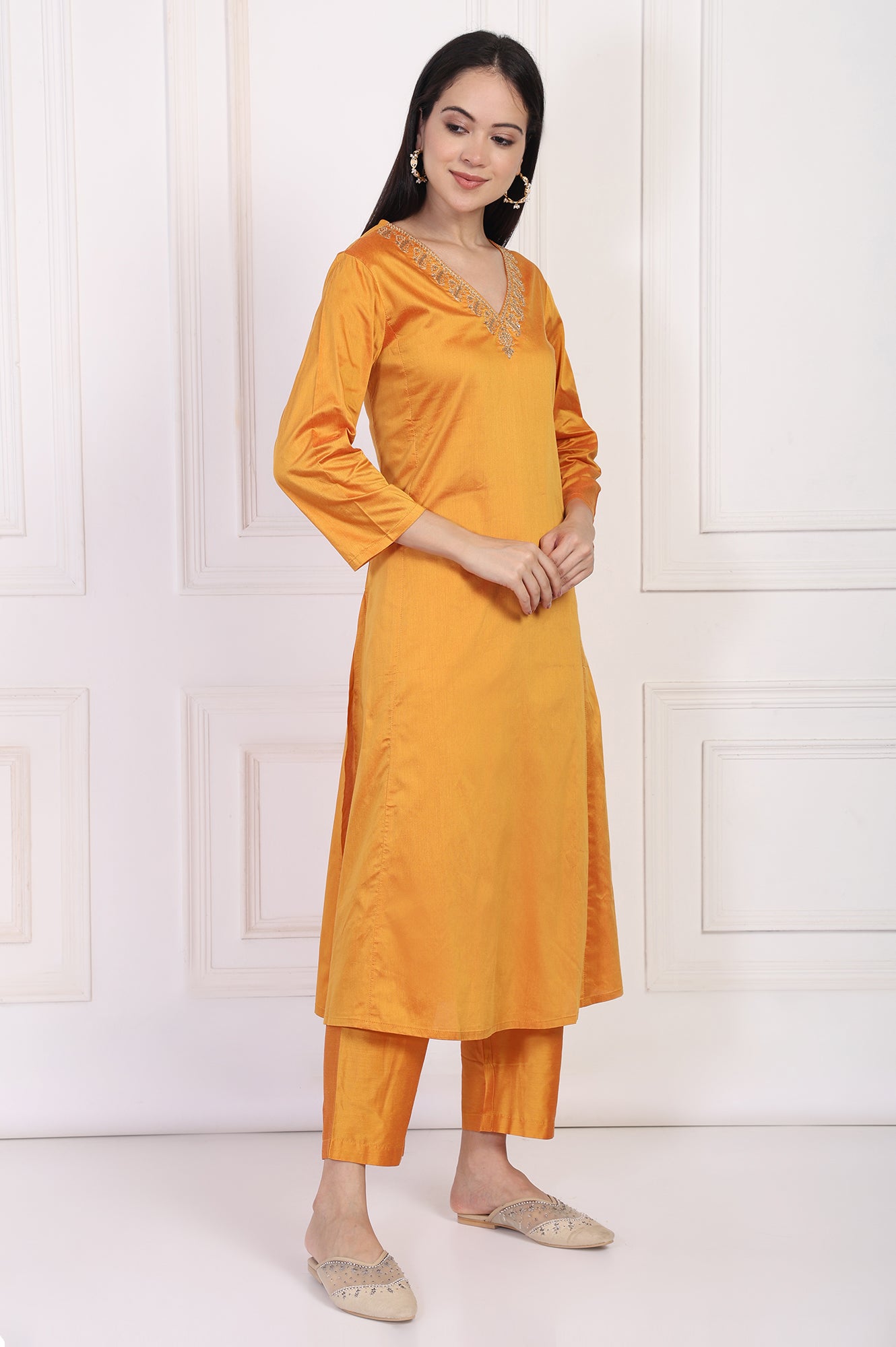 Orange Embroidered Flared Satin Kurta with Straight Pant Set