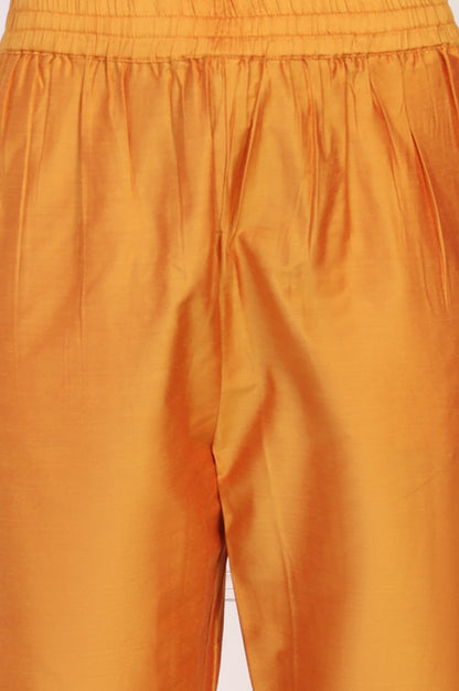 Orange Embroidered Flared Satin Kurta with Straight Pant Set