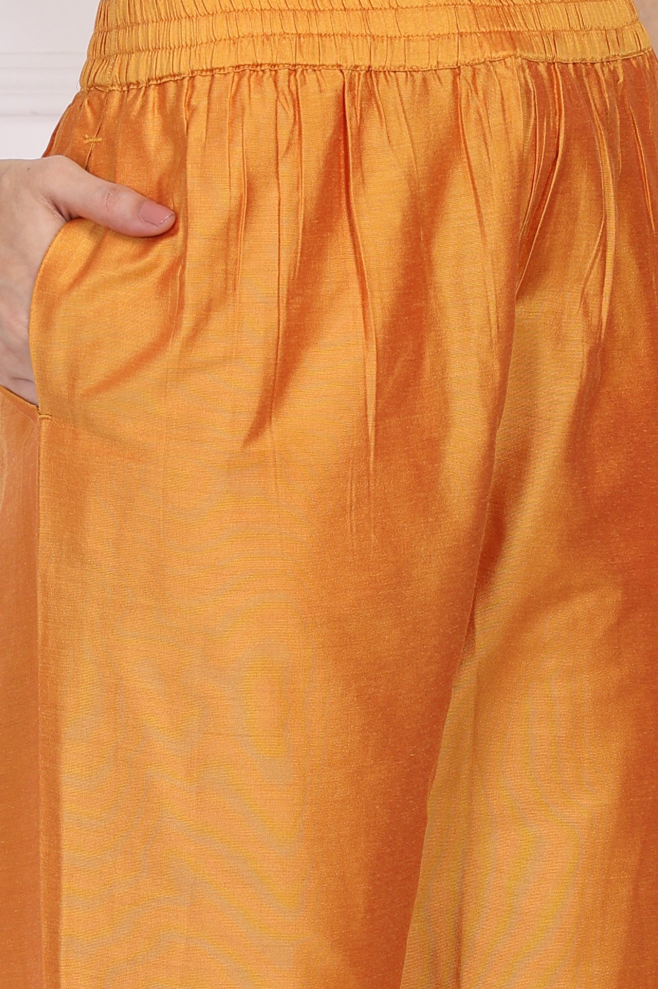 Orange Embroidered Flared Satin Kurta with Straight Pant Set
