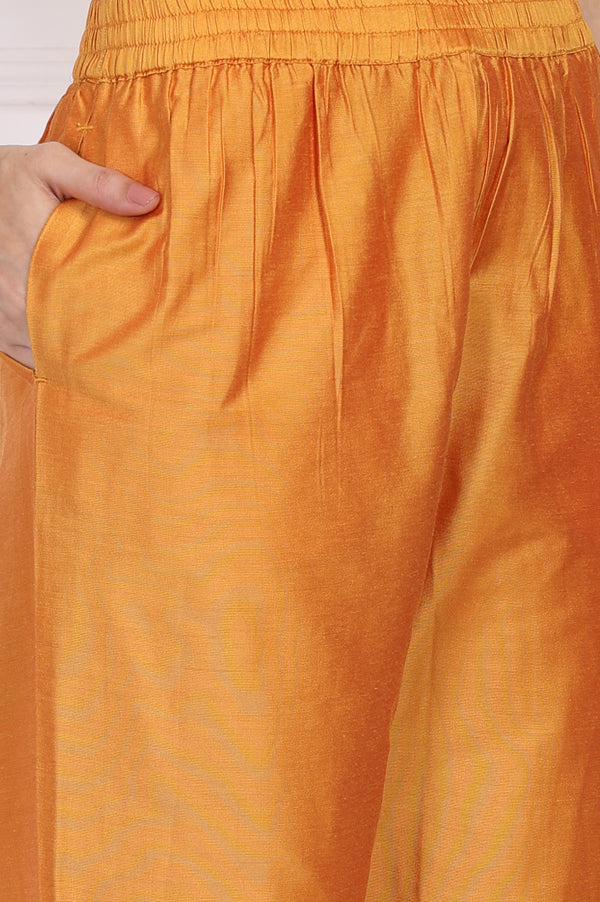 Orange Embroidered Flared Satin Kurta with Straight Pant Set